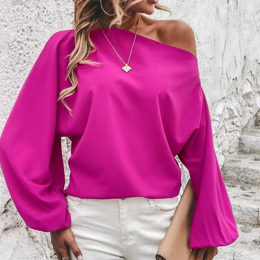 Hot Pink  Asymmetrical Neck Lantern Sleeve Blouse_3